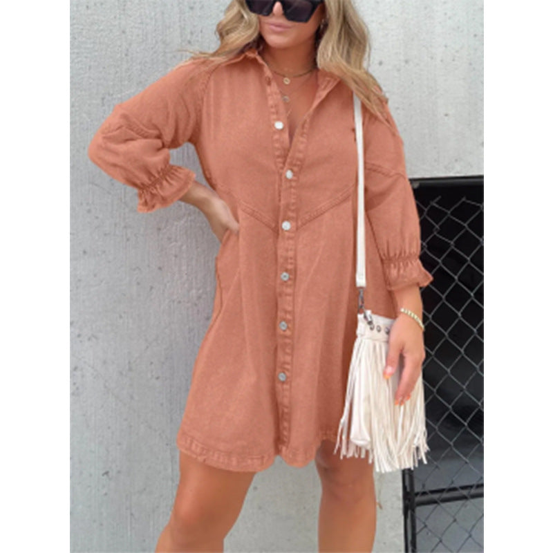 Denim Shirt Dress with Lantern Sleeves