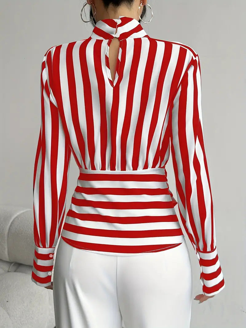 Womens Striped Scarf Collar Blouse