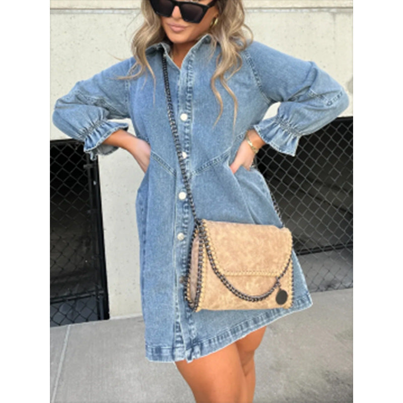 Denim Shirt Dress with Lantern Sleeves