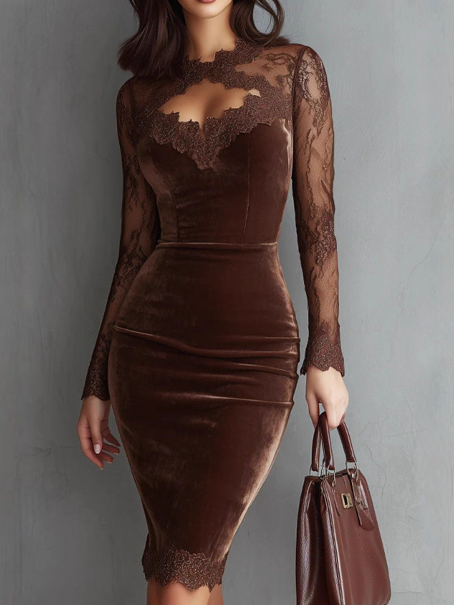 Sexy lace see-through long-sleeved dress