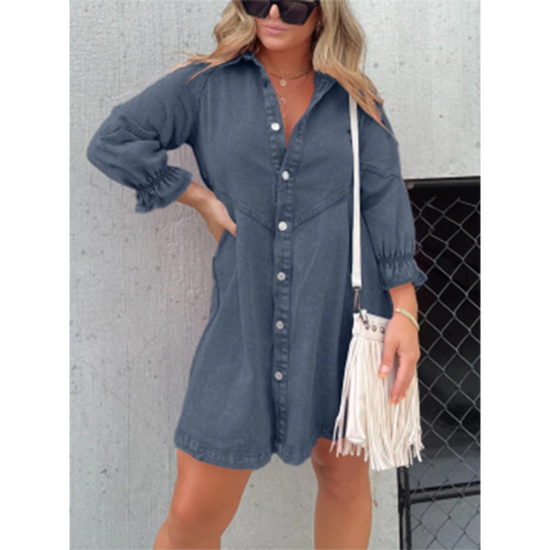 Denim Shirt Dress with Lantern Sleeves