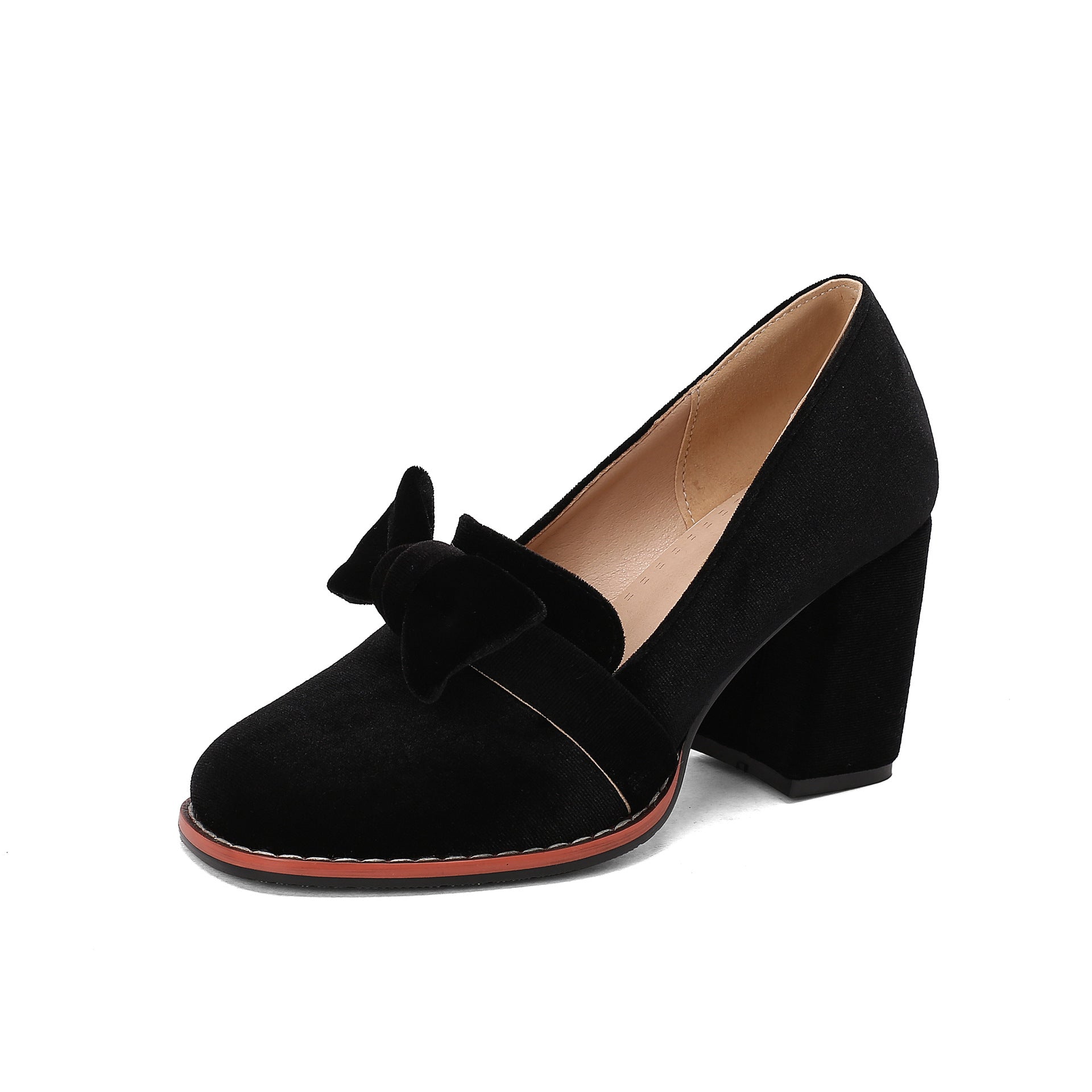 Suede loafers with bow, low-cut, chunky high heels for spring and autumn.