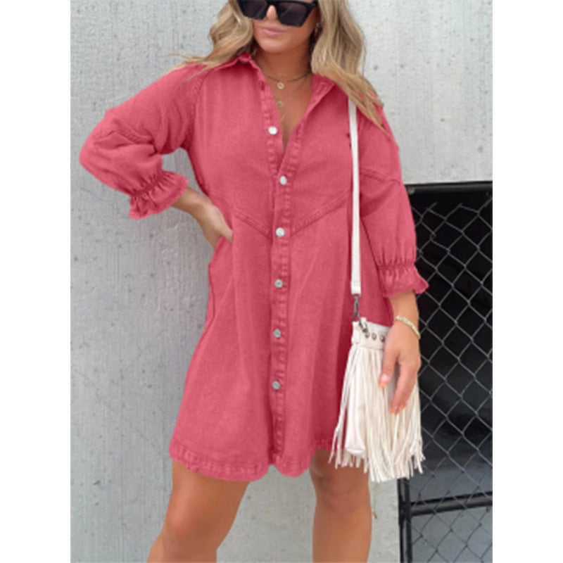Denim Shirt Dress with Lantern Sleeves