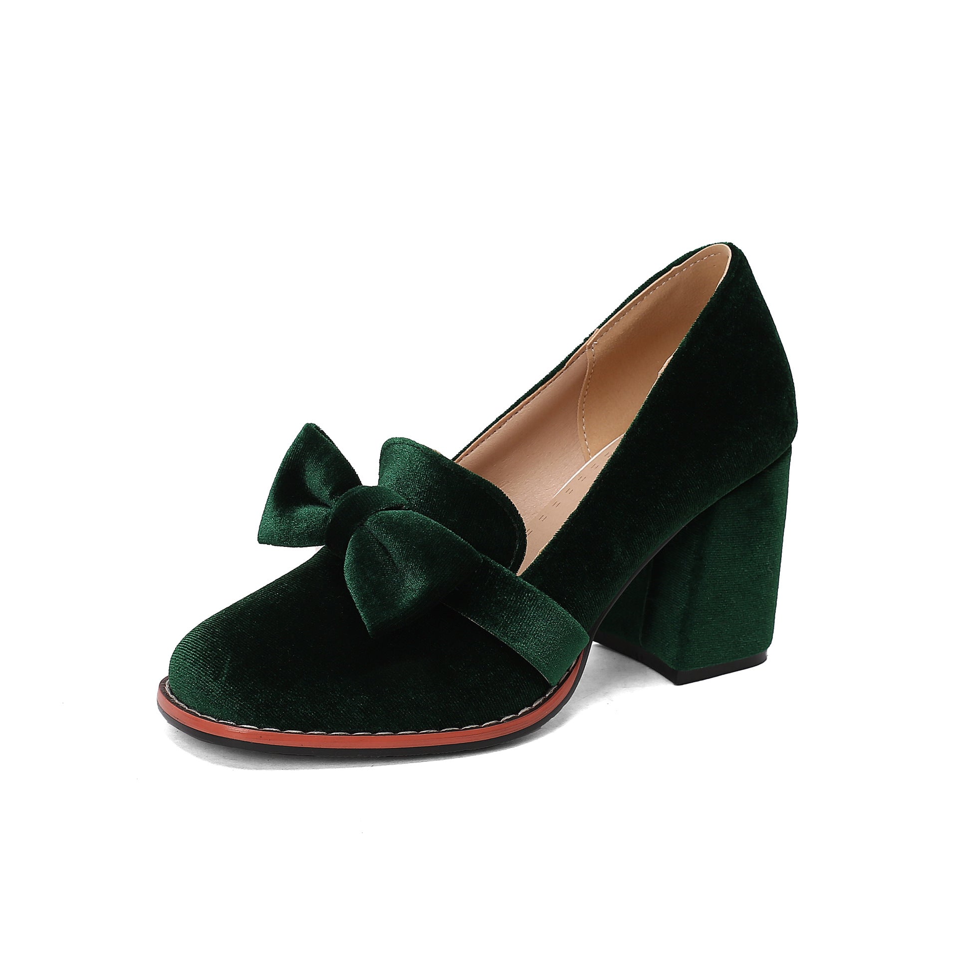 Suede loafers with bow, low-cut, chunky high heels for spring and autumn.