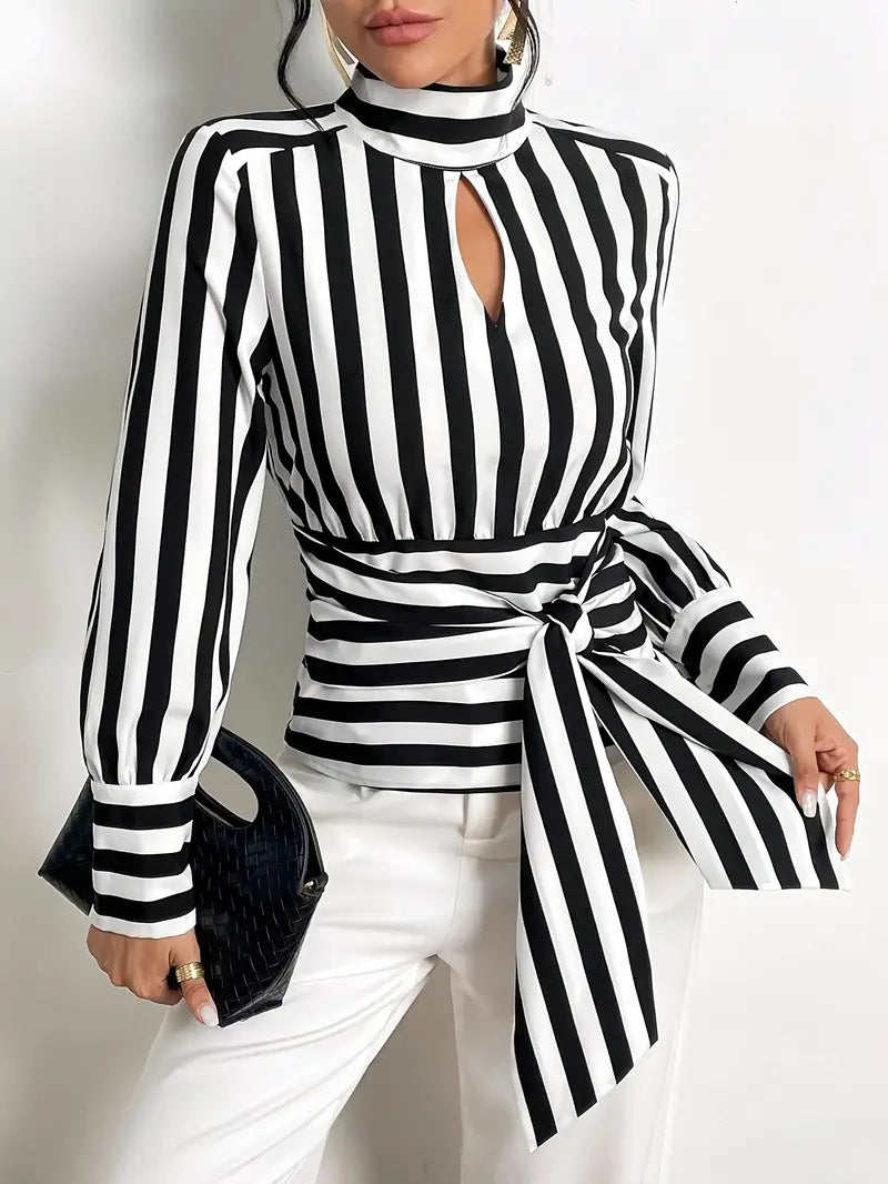 Womens Striped Scarf Collar Blouse