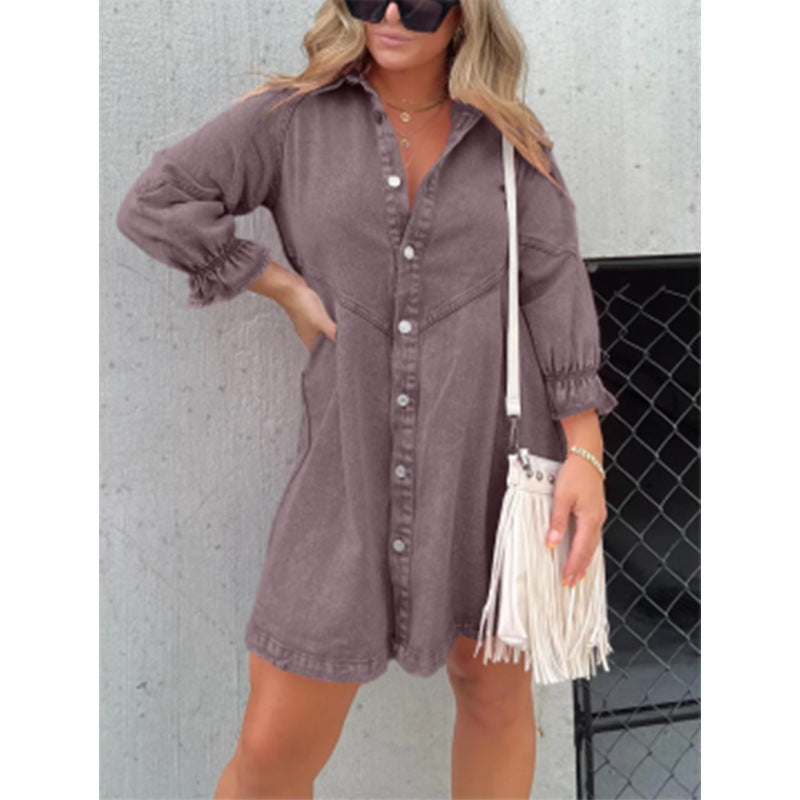 Denim Shirt Dress with Lantern Sleeves