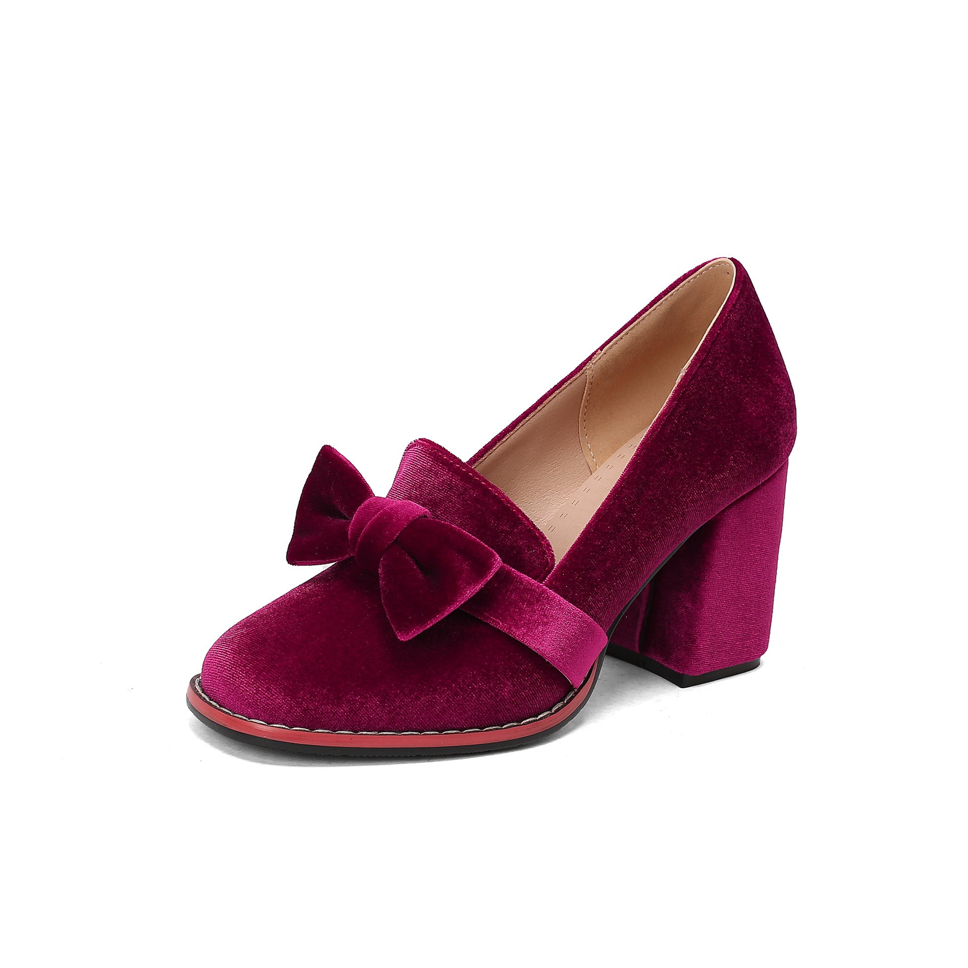 Suede loafers with bow, low-cut, chunky high heels for spring and autumn.