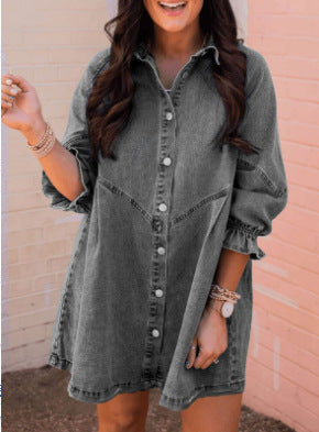 Denim Shirt Dress with Lantern Sleeves