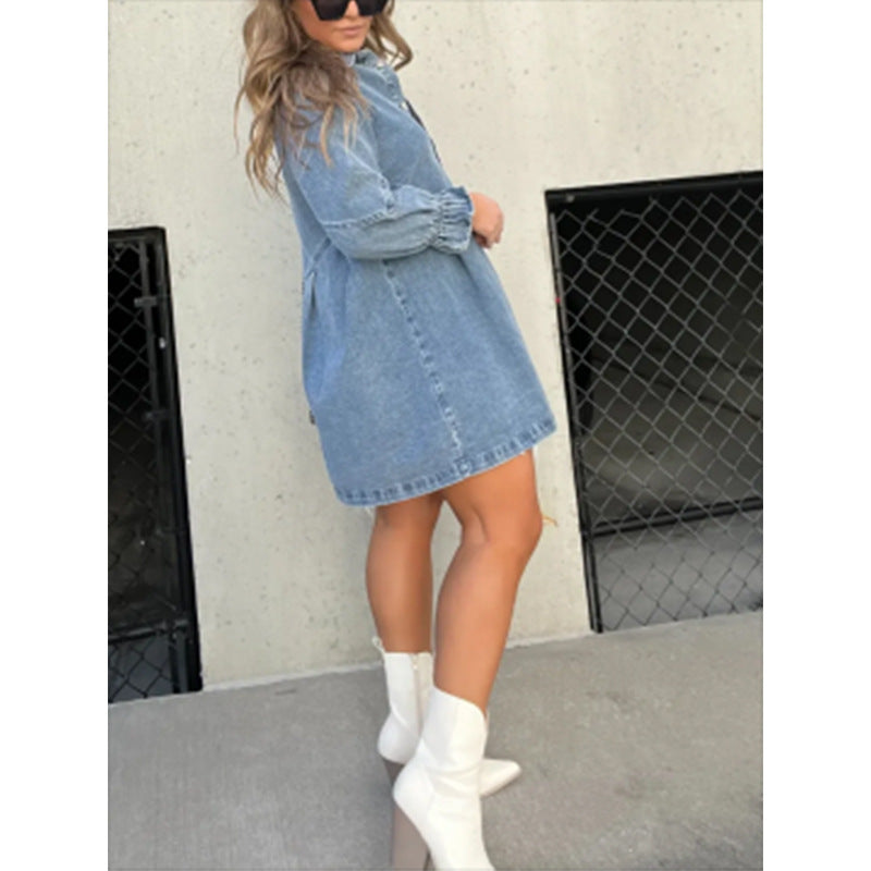 Denim Shirt Dress with Lantern Sleeves