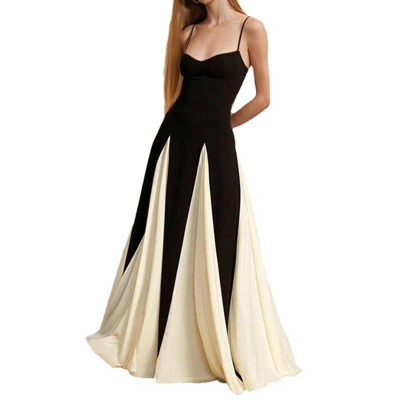 Fashionable and elegant strap dress with color-blocking design