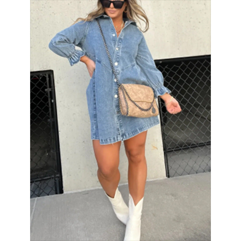 Denim Shirt Dress with Lantern Sleeves