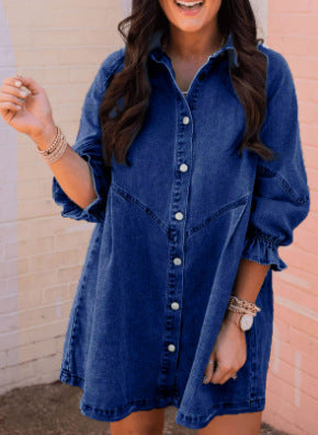 Denim Shirt Dress with Lantern Sleeves